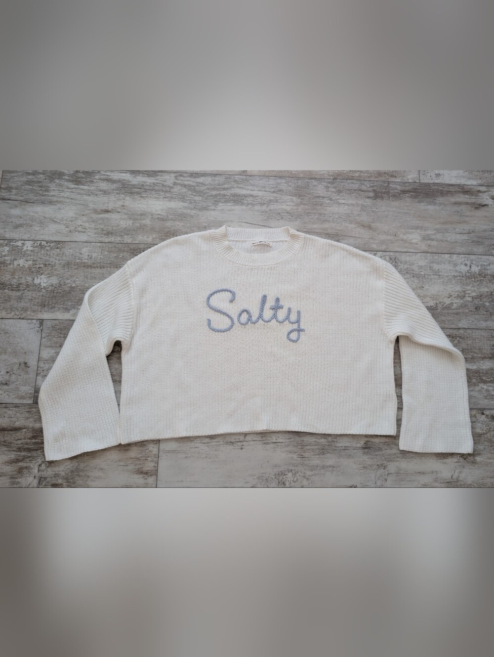 moon & madison Cream Crewneck Sweater with Light Blue 'Salty' Script Nwot